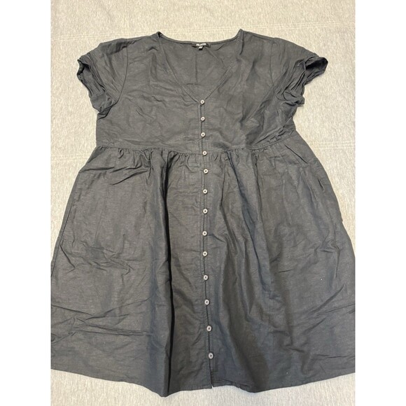 Madewell Dress Womens Large Flare Linen Blend Alexandra Button Front Short Black - Picture 4 of 11